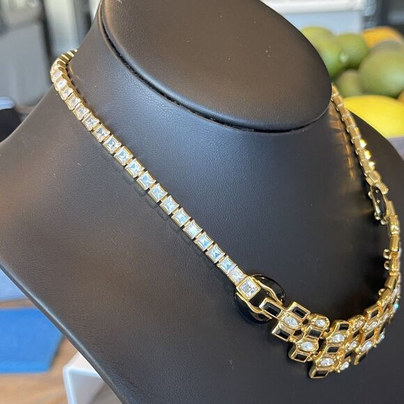 Vintage 1980s Gold Tone Black Enamel CZ Statement Necklace 15-18” Retro Jewelry - Picture 7 of 10